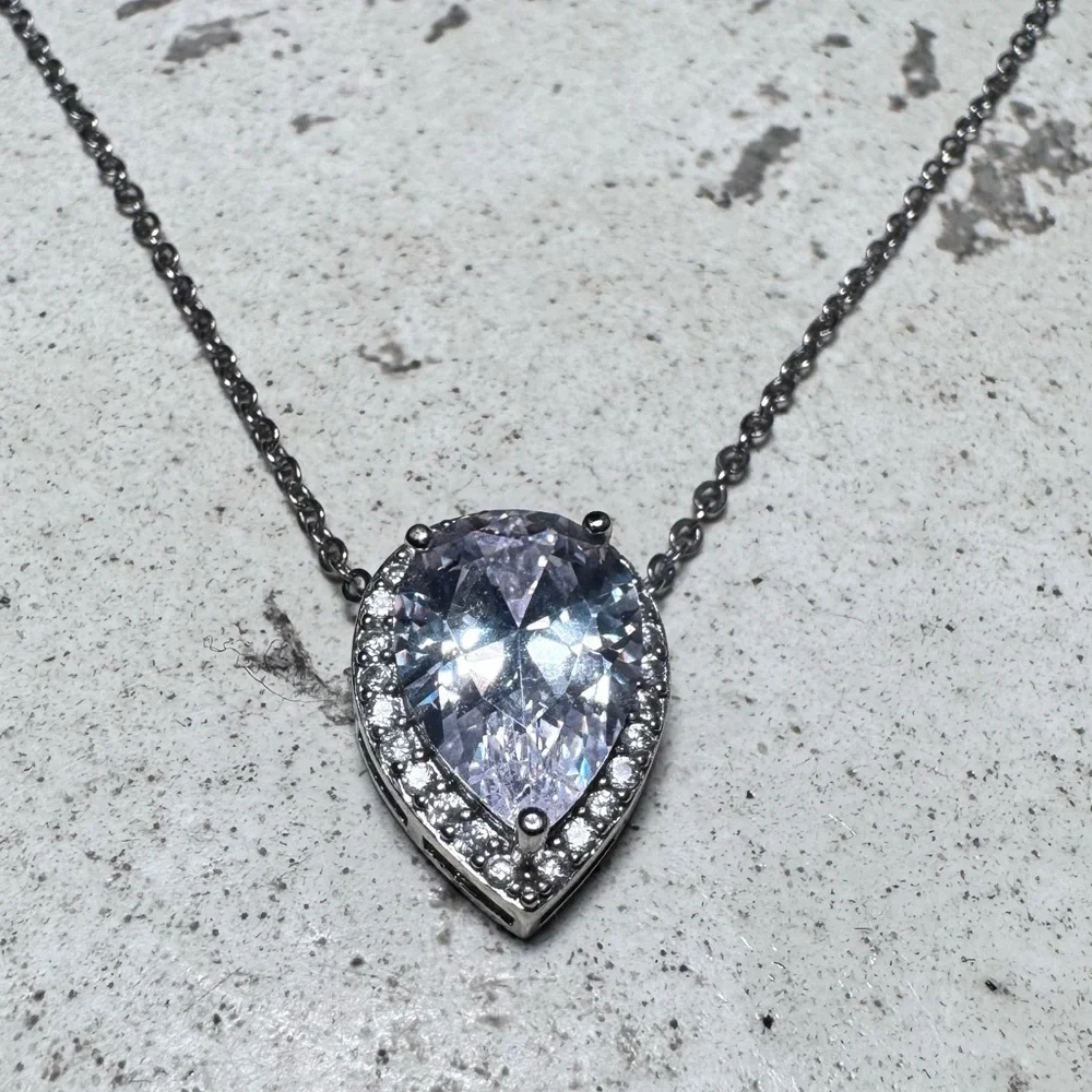 Silver Tone Purple Crystal Teardrop Pendant Necklace